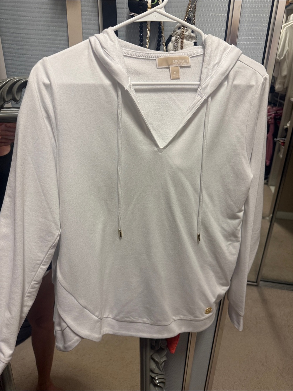 Michael Kors White V-Neck Hooded Pullover with Drawstring